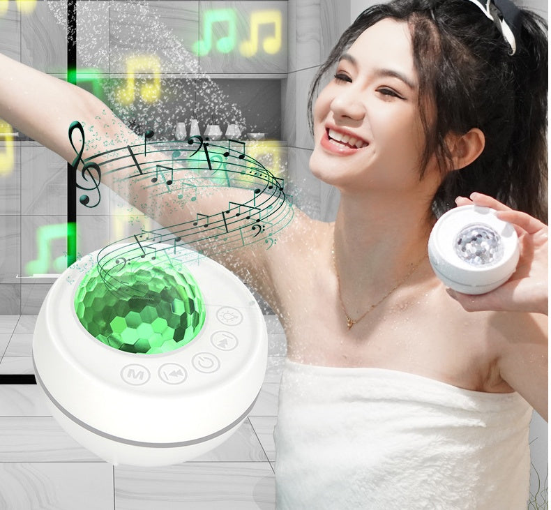 Bluetooth Waterproof Magic Speaker in use with vibrant lights and music notes in a stylish bathroom setting.